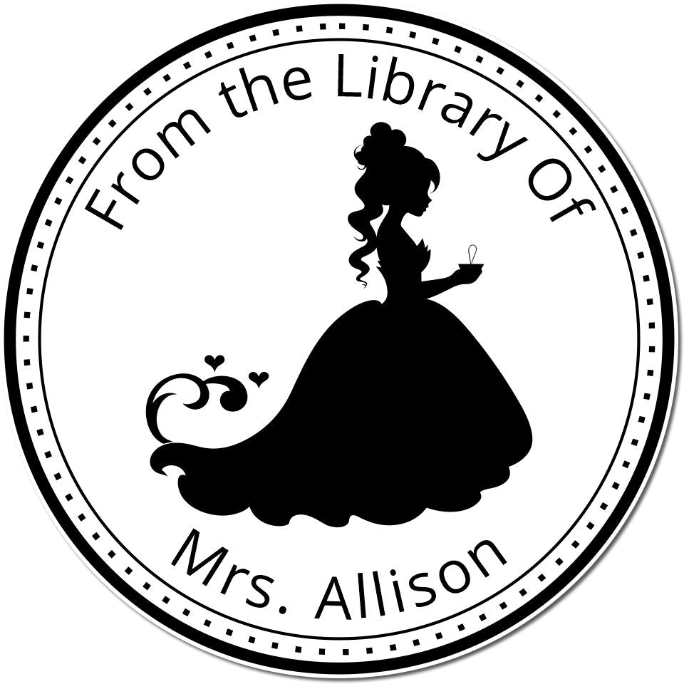 Round black-and-white library stamp seal with a princess silhouette and the text From the Library Of Mrs. Allison.