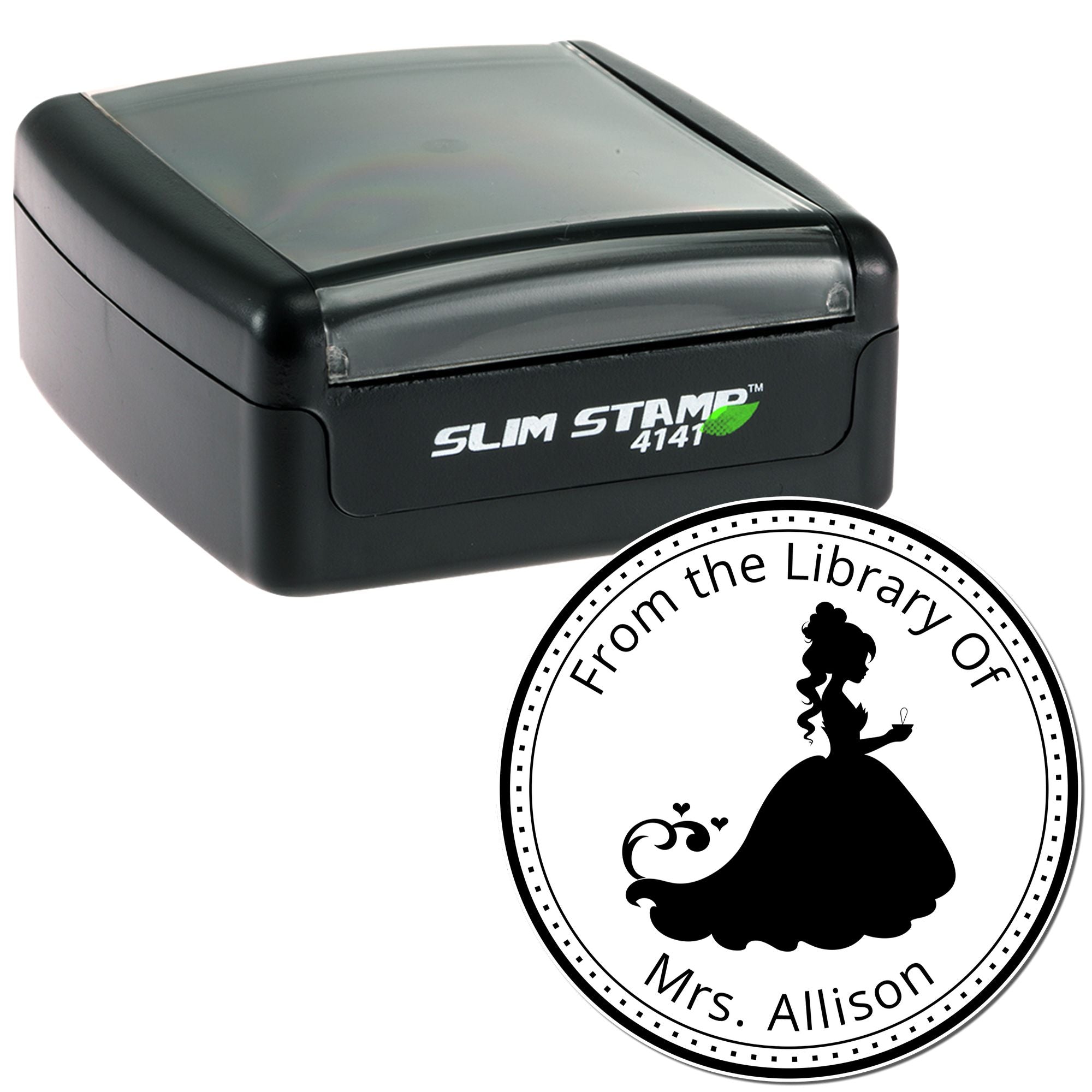 Black Slim Stamp 4141 and round library seal for Mrs. Allison with a woman silhouette on a white background.