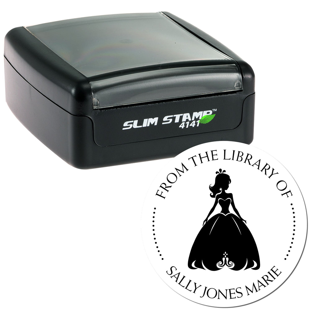 Black Slim Stamp self-inking stamper with round white library seal, princess silhouette, and custom text.