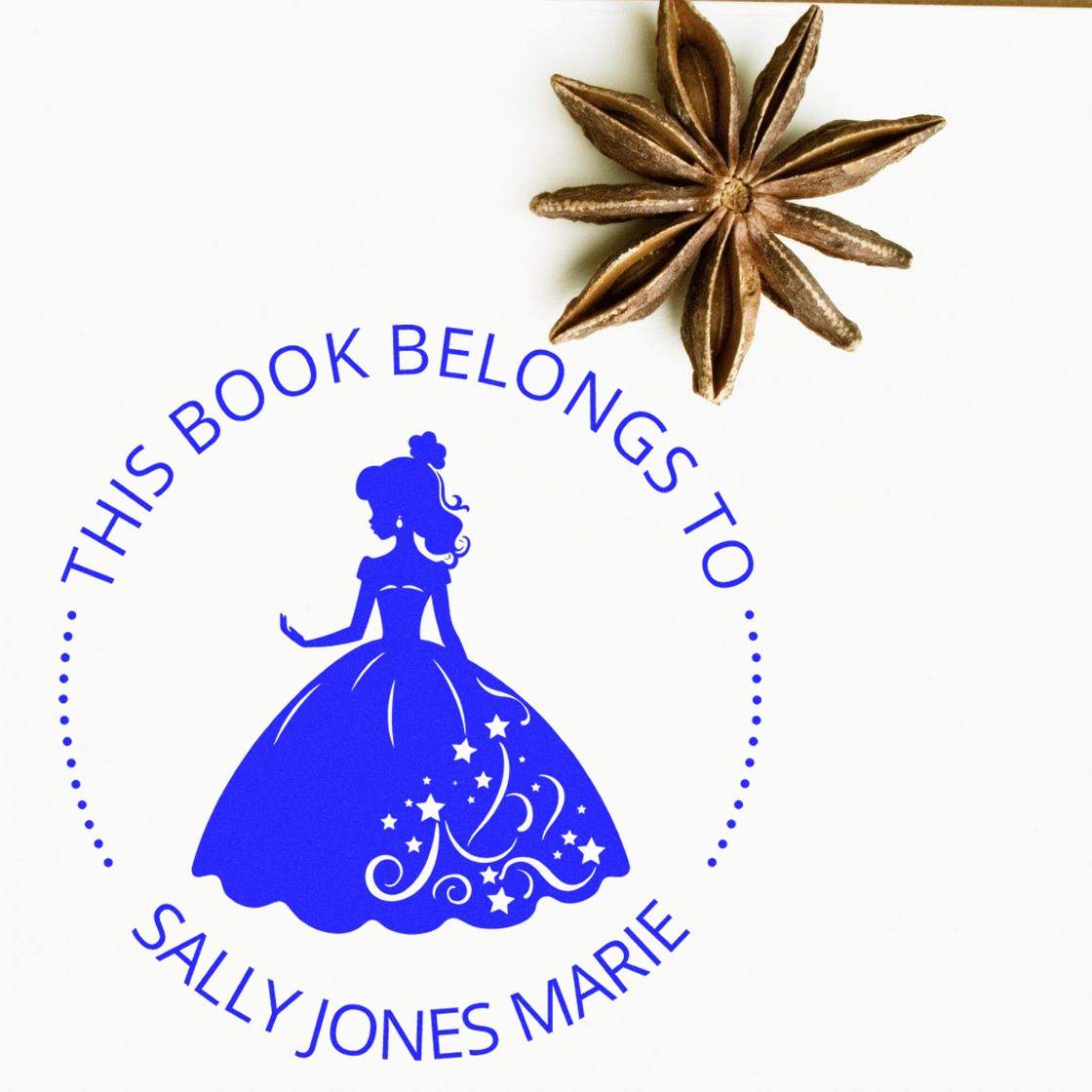 Blue personalized book stamp seal with princess silhouette and This Book Belongs to Sally Jones Marie text.