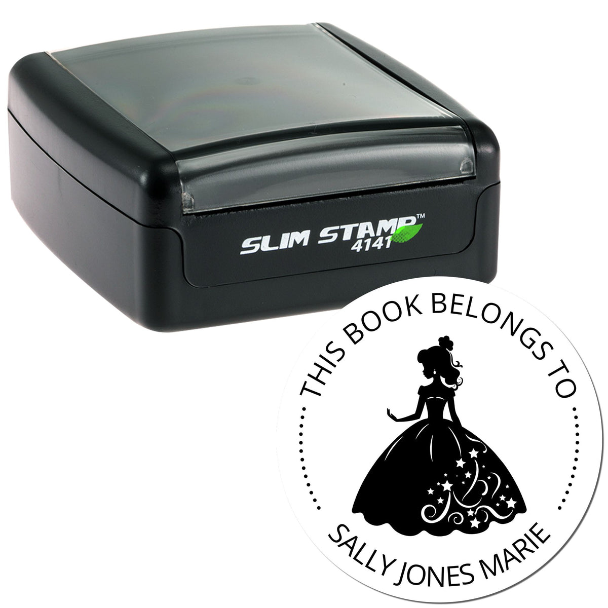 Black Slim Stamp 4141 self-inking stamp with white round book seal, princess silhouette, and Sally Jones Marie text.