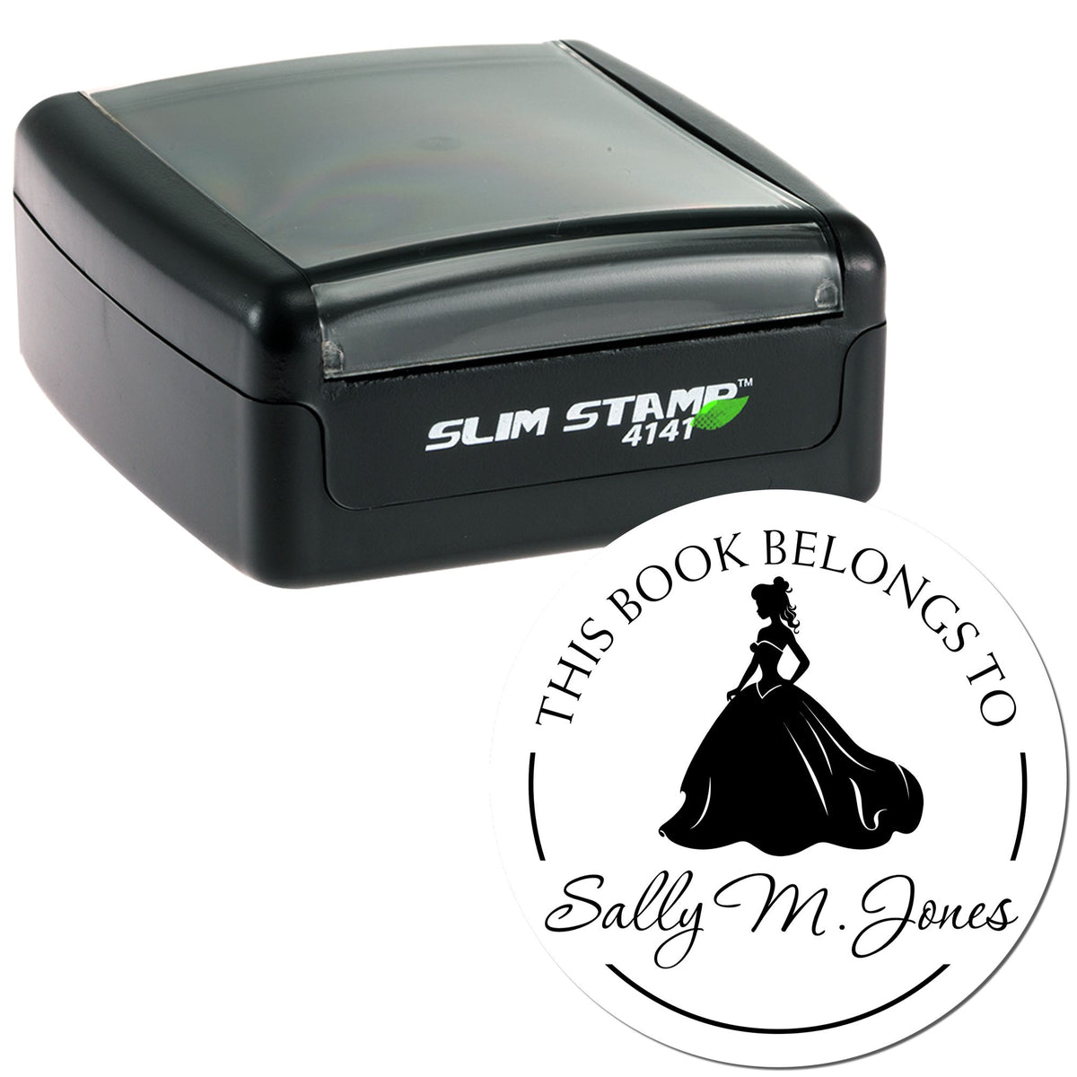 Black Slim Stamp 4141 self-inking stamp with round personalized book seal reading This Book Belongs to Sally M. Jones