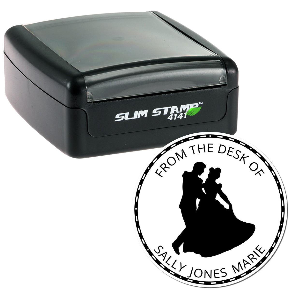 Black Slim Stamp 4141 with translucent gray top and round wedding seal featuring bride and groom silhouette