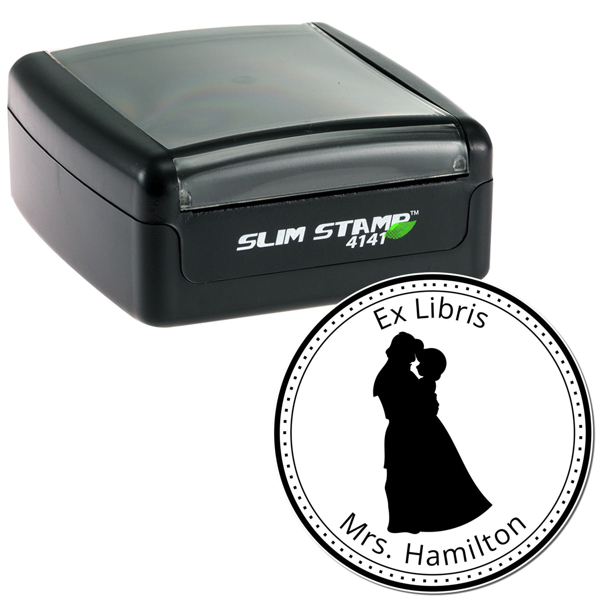 Black Slim Stamp 4141 with translucent gray lid and round Ex Libris seal featuring a woman silhouette and Mrs. Hamilton.