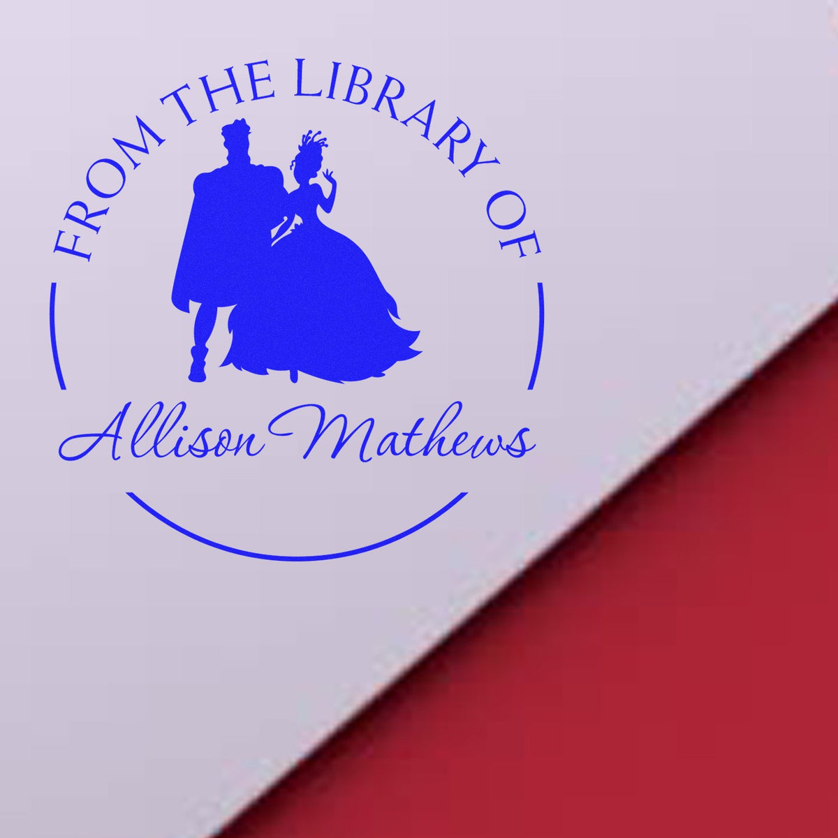 Blue circular stamp seal with Victorian couple silhouette and From the Library of Allison Mathews on white background.