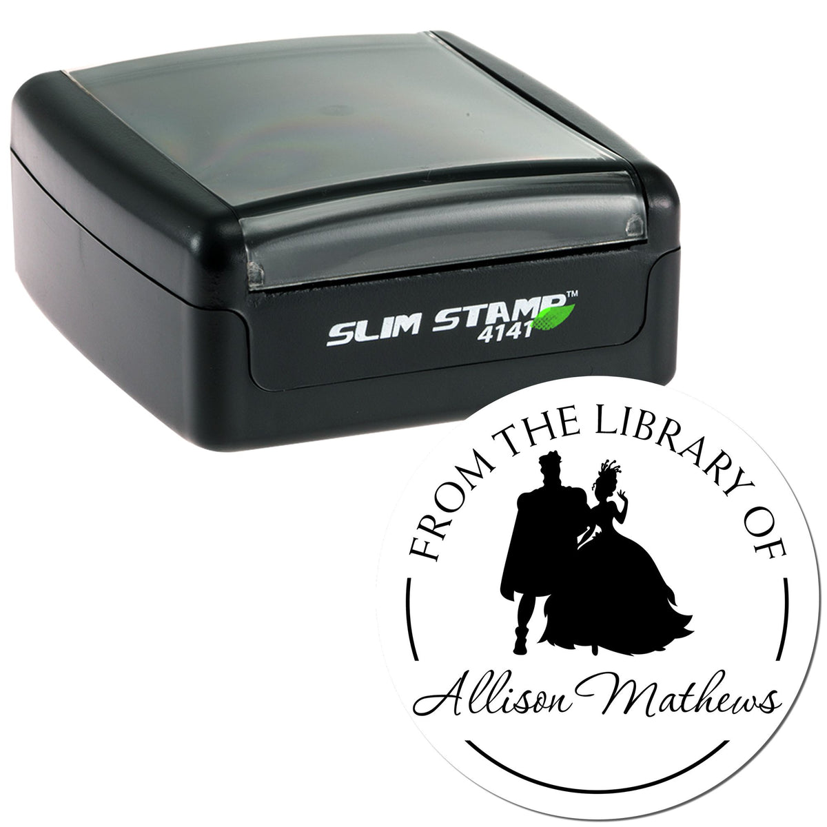 Black Slim Stamp 4141 and round custom library seal with white background, black silhouette, and Allison Mathews lettering.