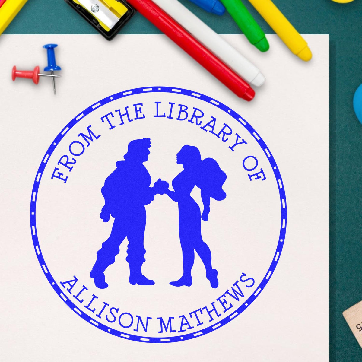 Blue circular library stamp seal with two figures and From the Library of Allison Matthews, surrounded by colorful markers.