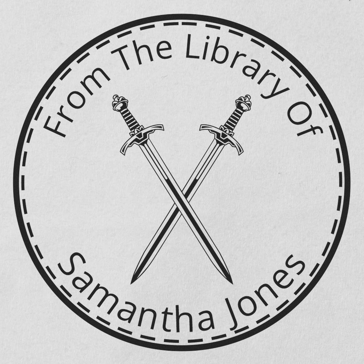 Black circular library stamp seal with crossed swords and text From The Library of Samantha Jones.