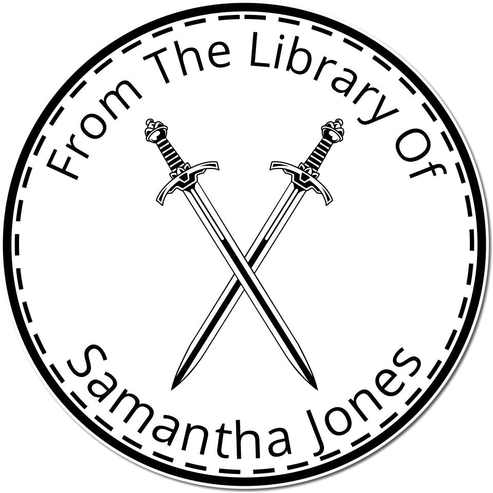 Black-and-white circular custom library seal stamp with crossed swords and From The Library Of Samantha Jones text.
