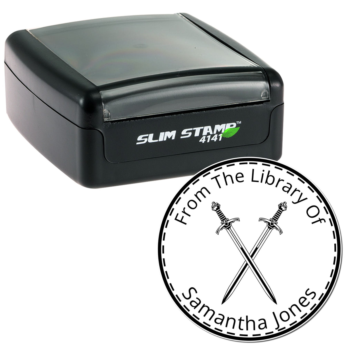Black Slim Stamp 4141 and round library seal with crossed swords and white text