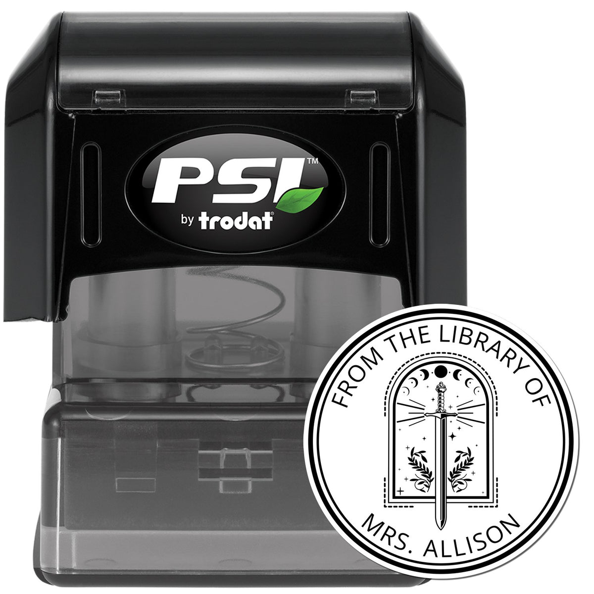 Black PSI by Trodat self-inking stamp with white circular library seal for Mrs. Allison and green leaf logo