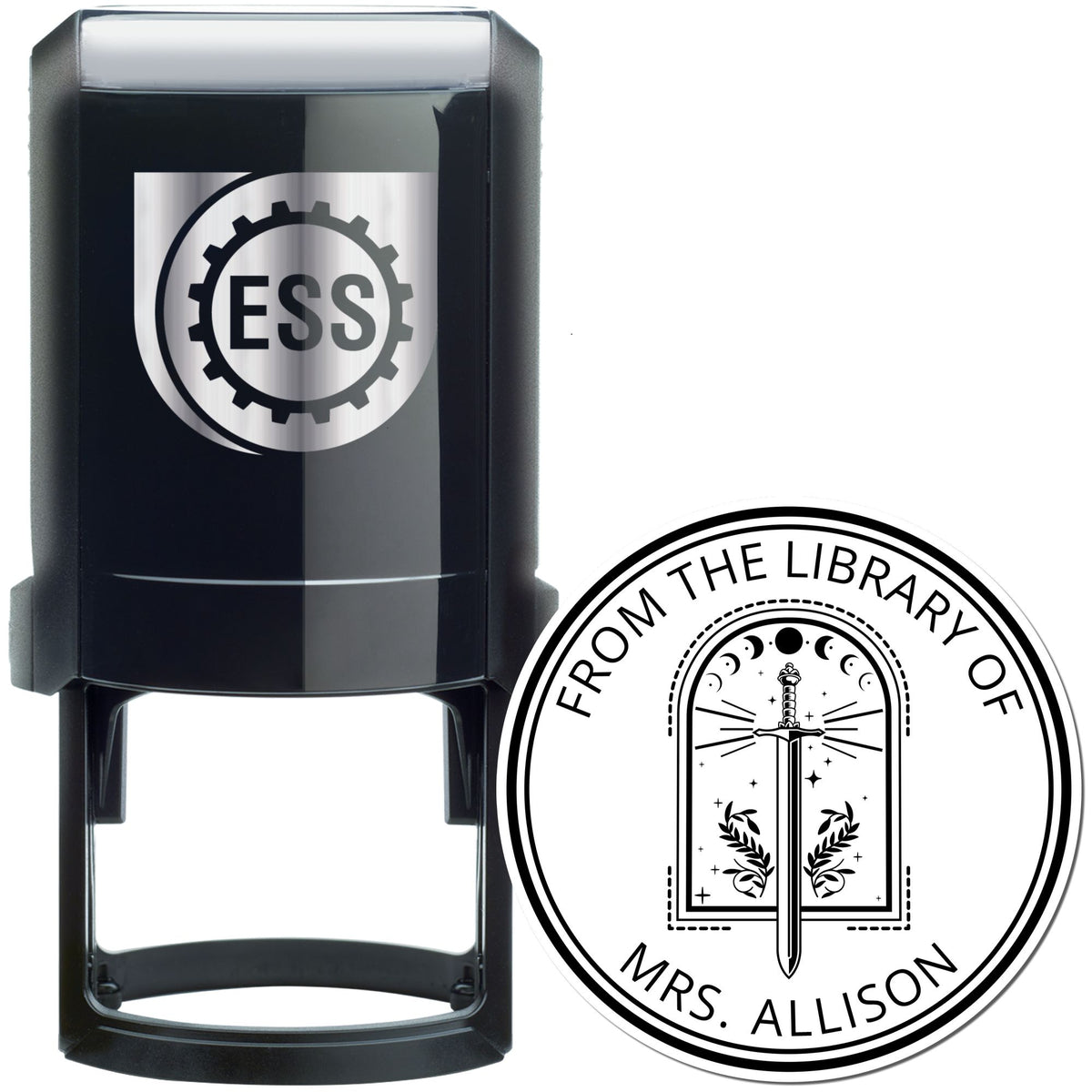 Black self-inking stamp and round library seal with sword emblem, silver ESS logo, and From the Library of Mrs. Allison text.