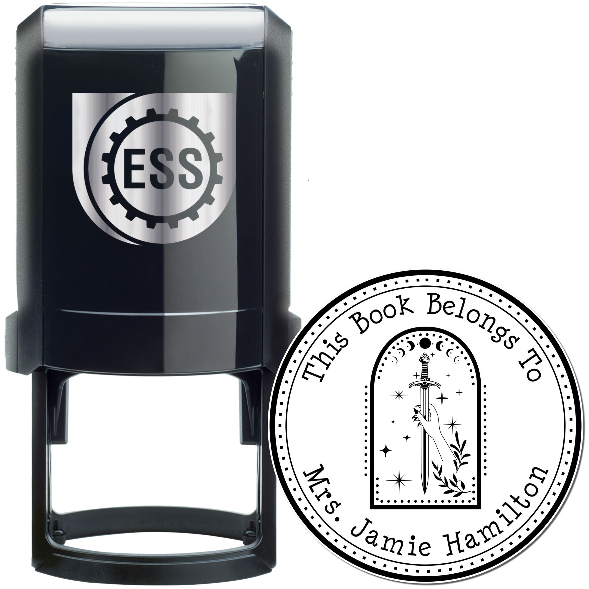 Black ESS stamp and personalized book seal with circular This Book Belongs To design and sword emblem.