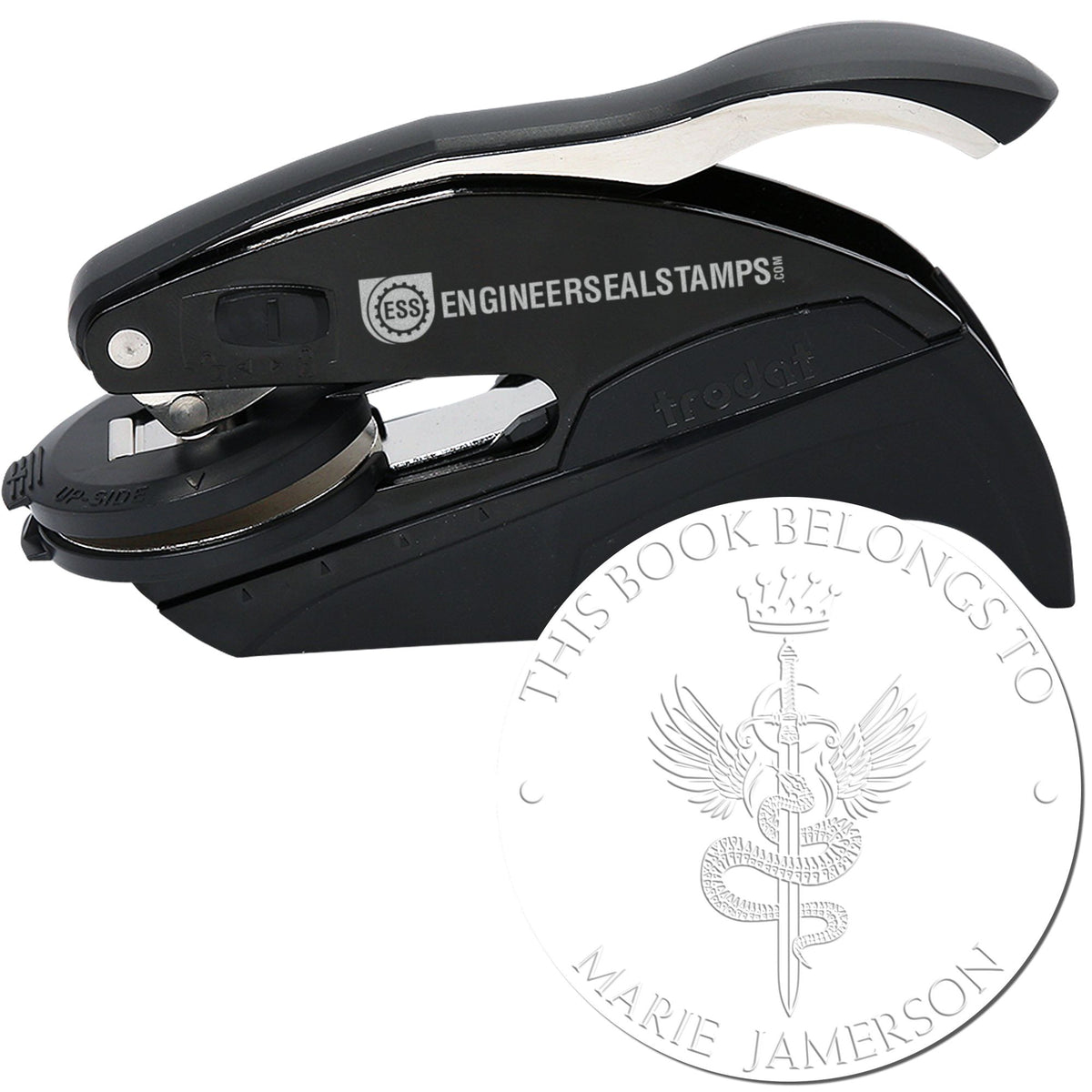 Trodat Starforged Mythical Swords hybrid fantasy stamp with customized Library of Seal imprint on an engraved seal.