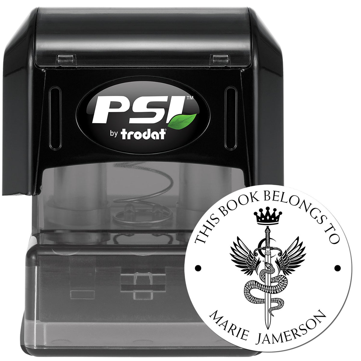 Black PSI by Trodat self-inking stamp with round white book ownership seal for Marie Jamerson.