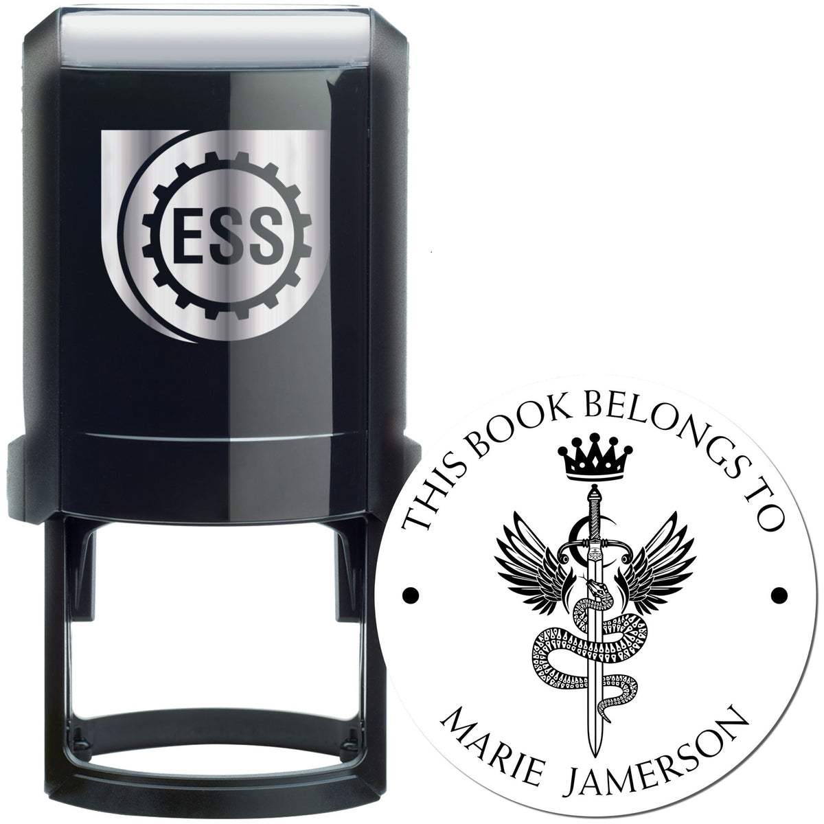 Black self-inking stamp and white book ownership seal with ESS gear logo and Marie Jamerson text.