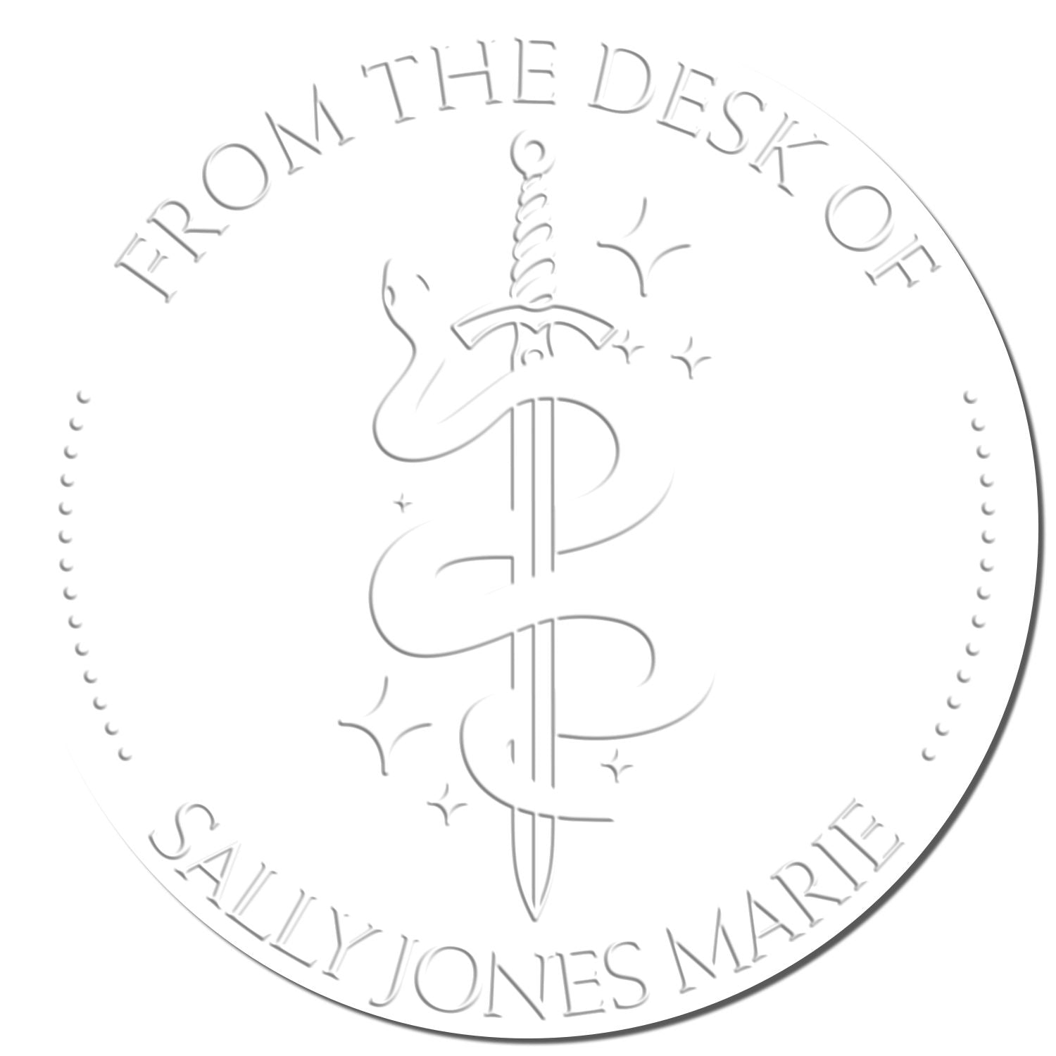 Embossed round white stamp seal with gray text, From the Desk of Sally Jones Marie, and a stylized monogram center.