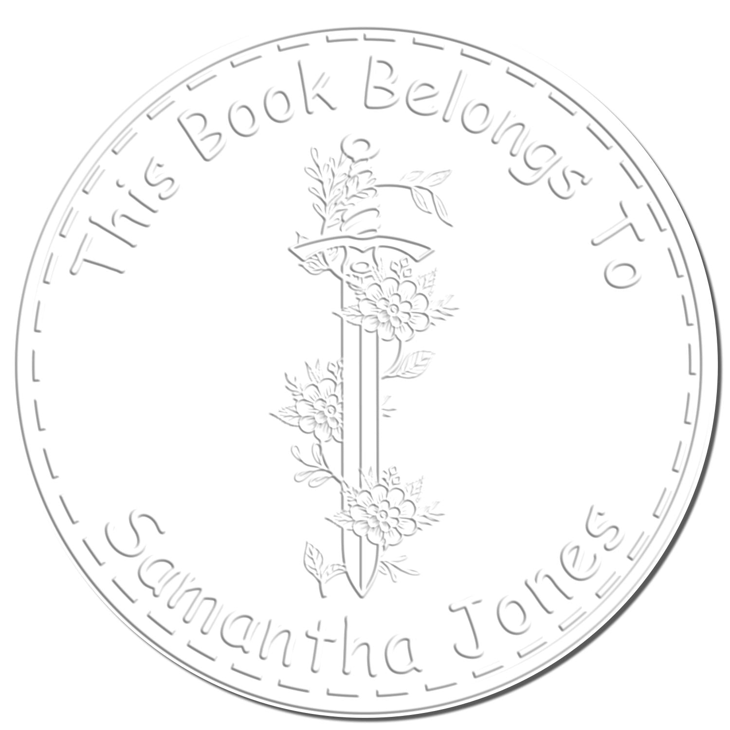 Round white embossed book stamp seal with floral pencil design and curved text: This Book Belongs To Samantha Jones.