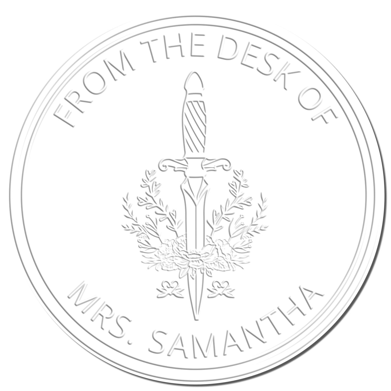 Round white embossed desk seal stamp with sword and floral wreath, reading ĀFrom the Desk of Mrs. Samartha.Ā