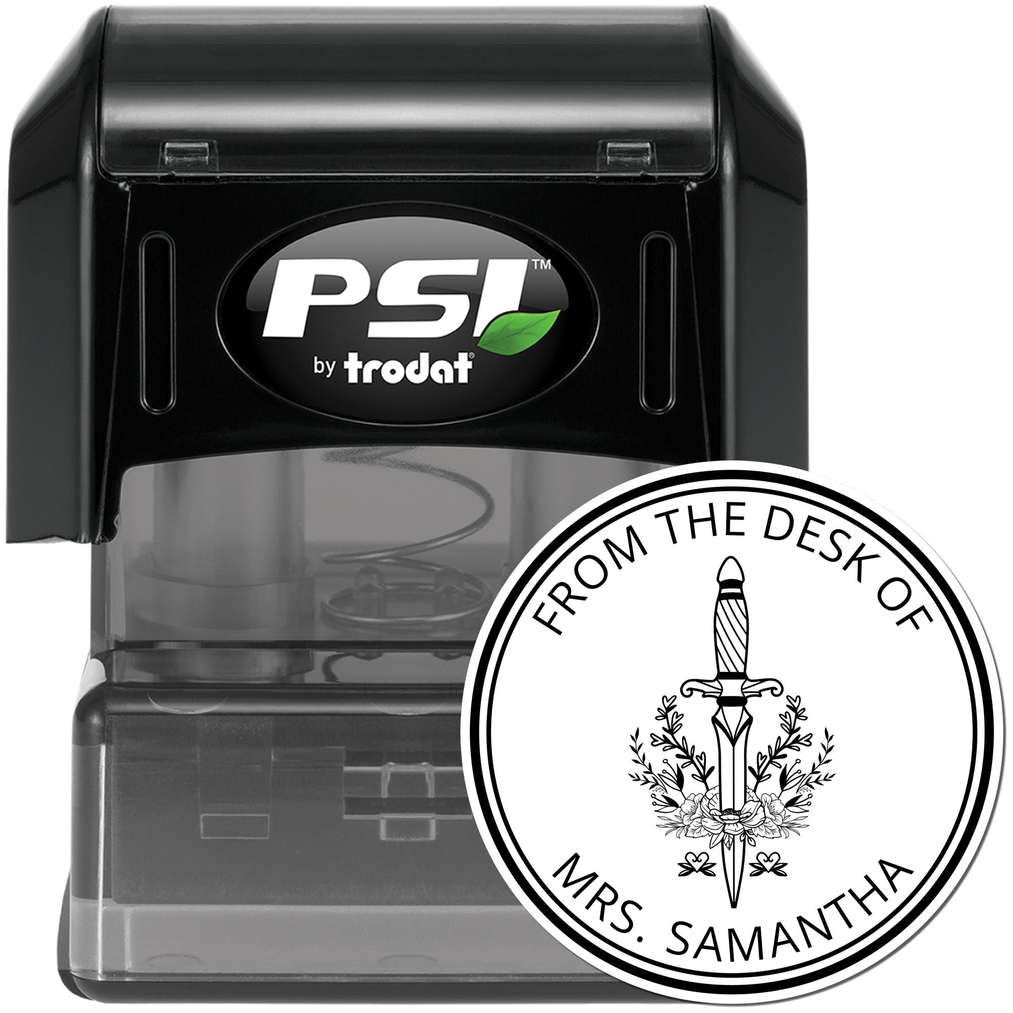 Black PSI by Trodat self-inking stamp with clear case and round seal reading From the Desk of Mrs. Samantha.