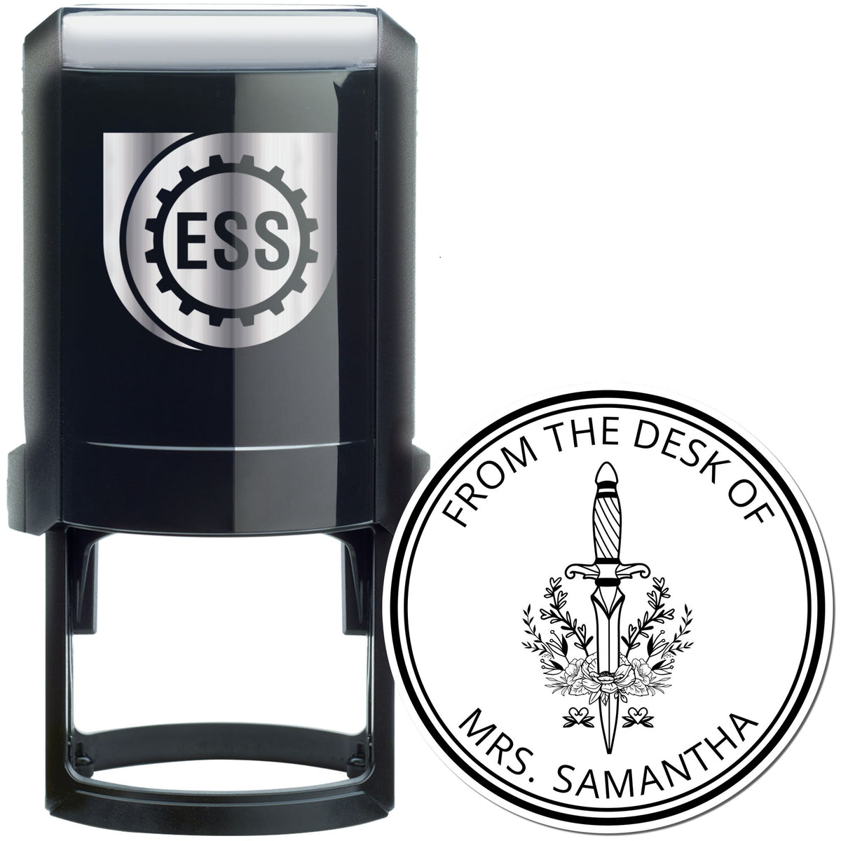Black self-inking stamp with silver ESS logo beside a round desk seal reading From the Desk of Mrs. Samantha with sword design