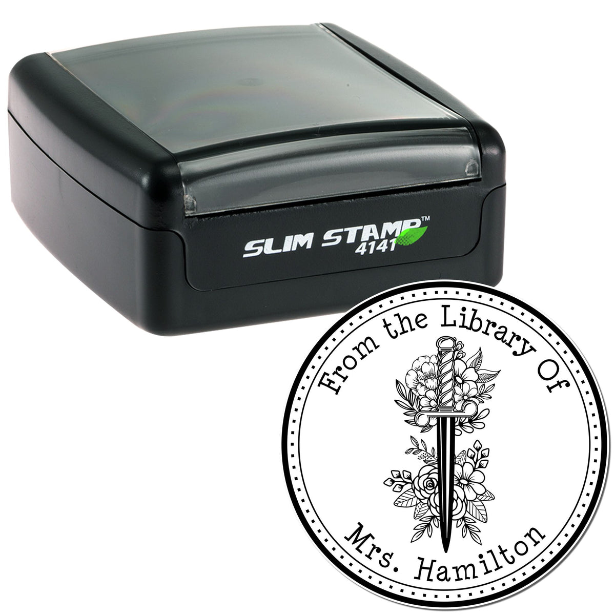 Black Slim Stamp 4141 with gray cap and round library seal, floral sword design, reading Mrs. Hamilton.