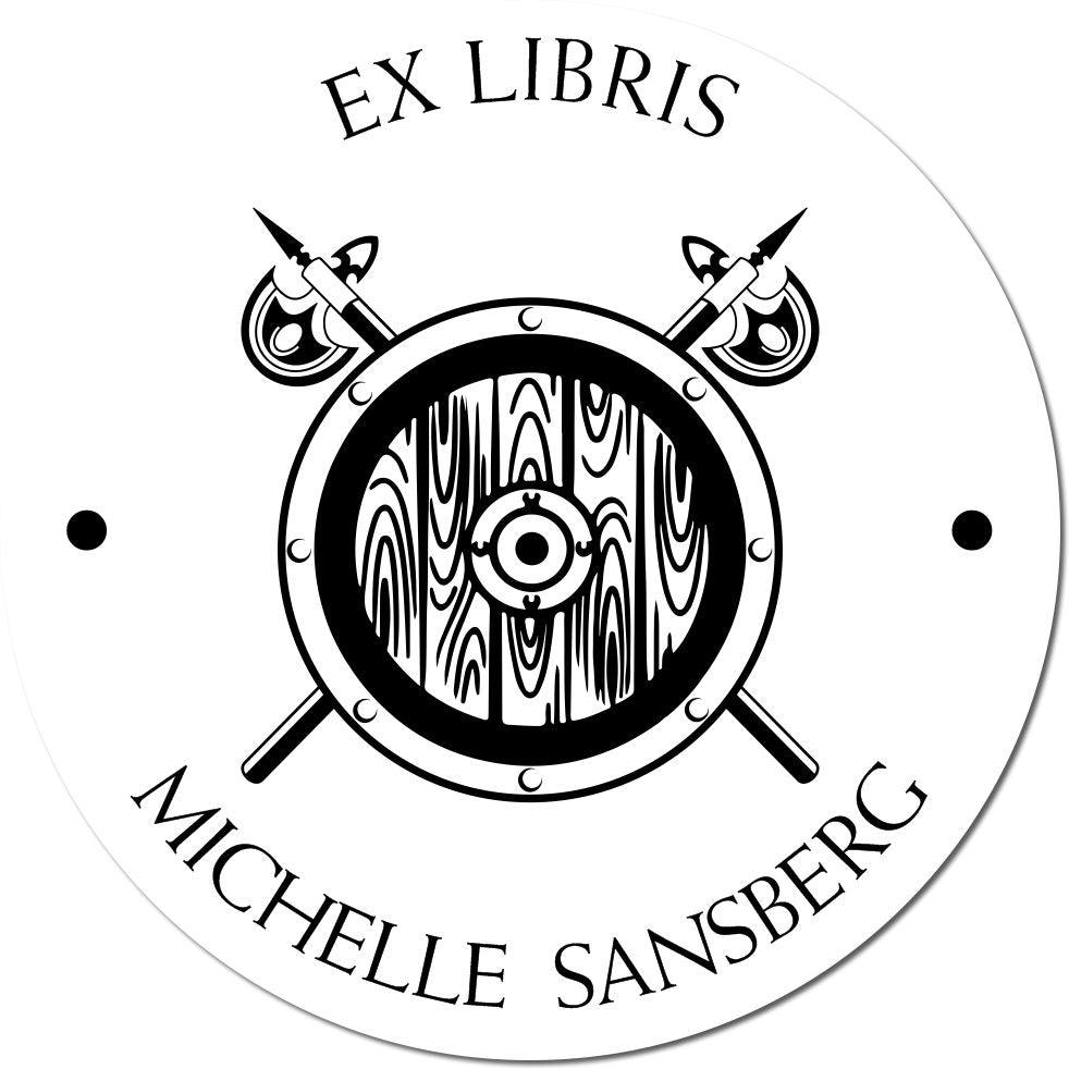 Black-and-white EX LIBRIS stamp seal with crossed spears, round shield, and Michielle Sansberg text.