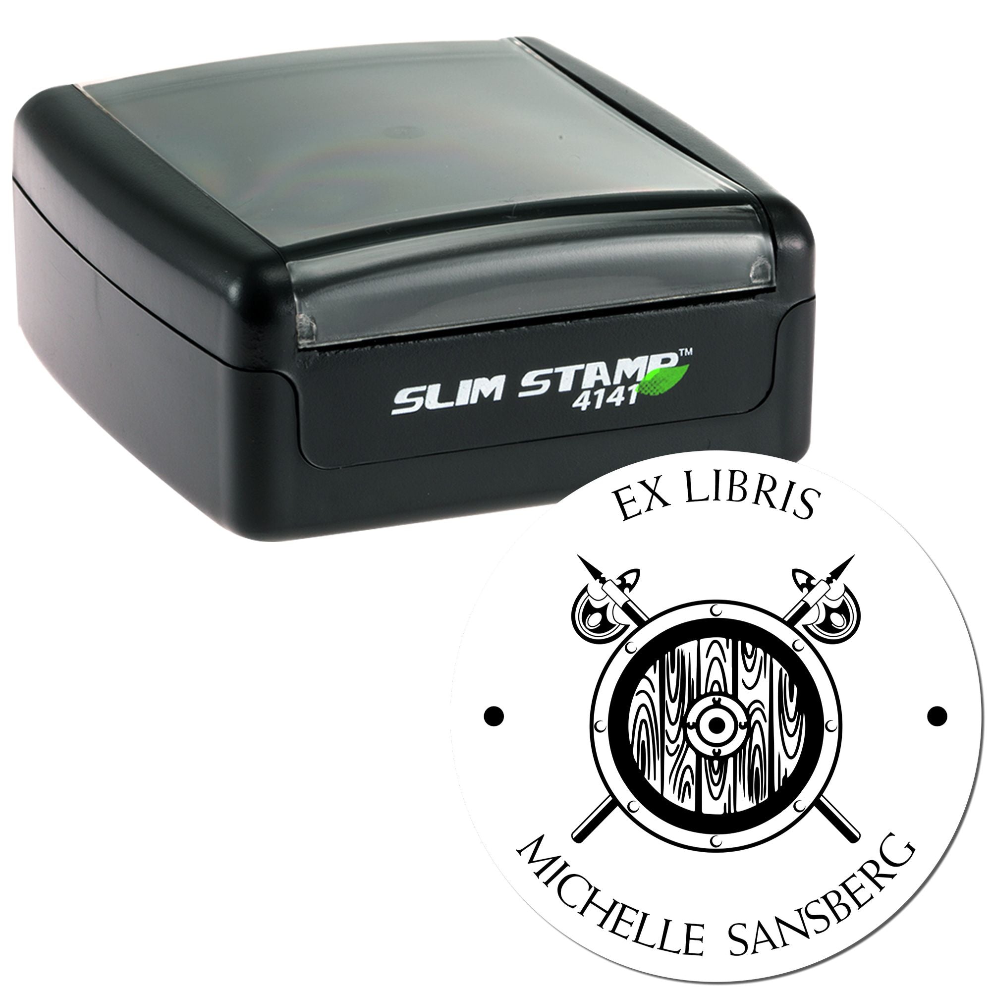 Black Slim Stamp 4141 self-inking stamp with round white Ex Libris book seal, black crest, crossed swords, and ornate shield.