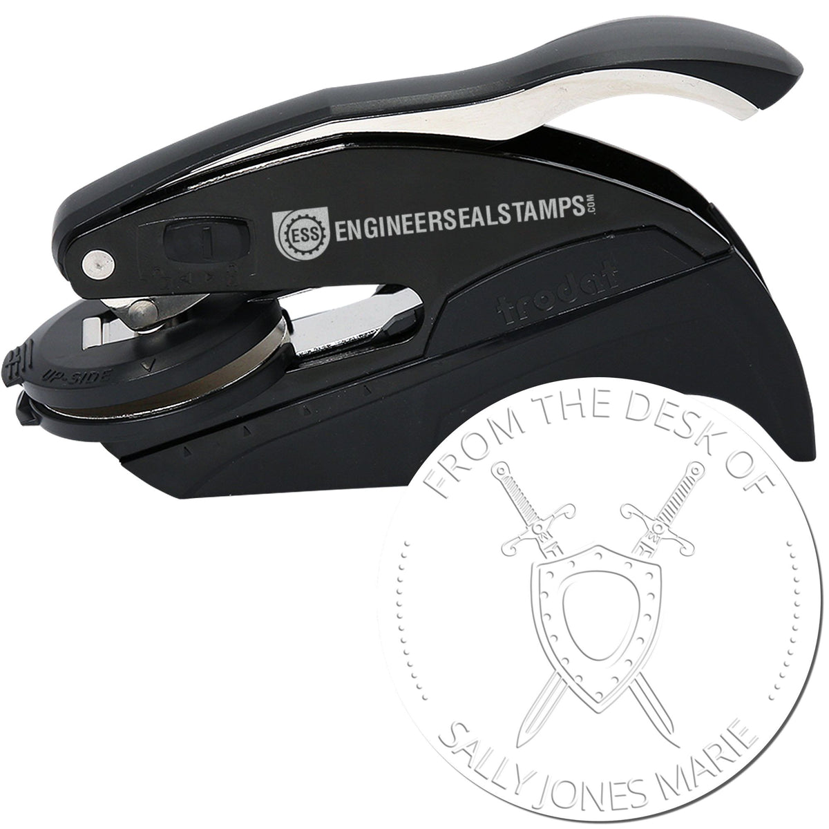 Black and silver self-inking embosser stamp with circular seal, crossed swords, and ĀFrom the Desk of Sally Jones MarieĀ text.