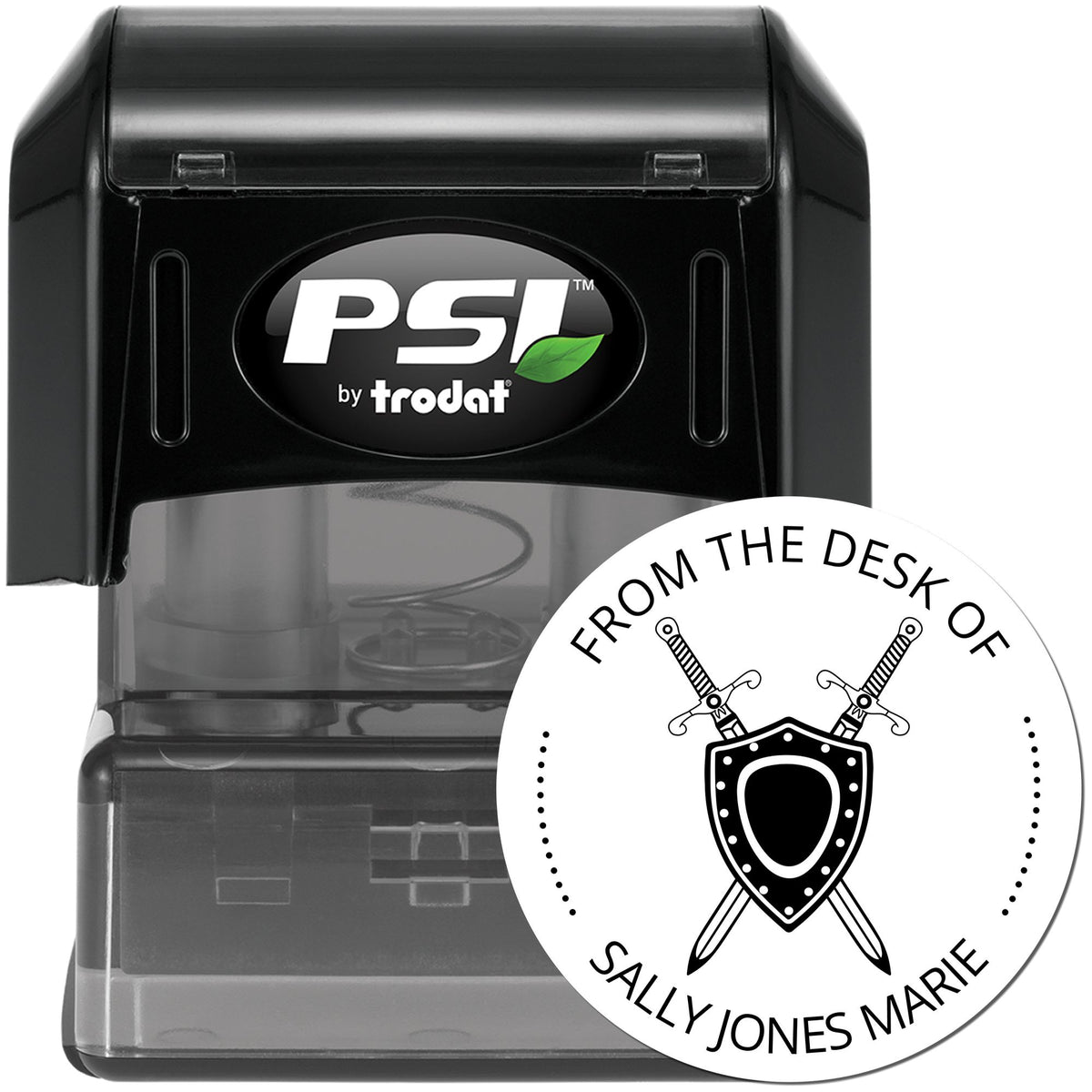 Black PSI by Trodat self-inking stamp with clear cover and round white seal reading ĀFrom the Desk of Sally Jones MarieĀ