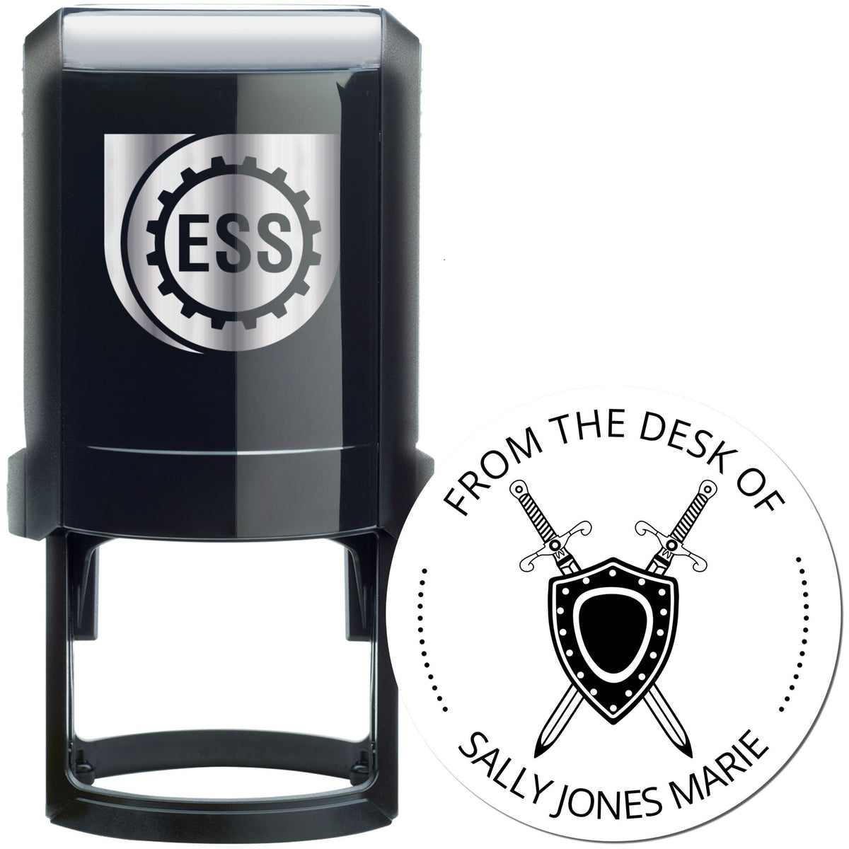 Black stamp and round seal products with ESS logo, crossed swords shield, and ĀFrom the desk of Sally Jones MarieĀ text.