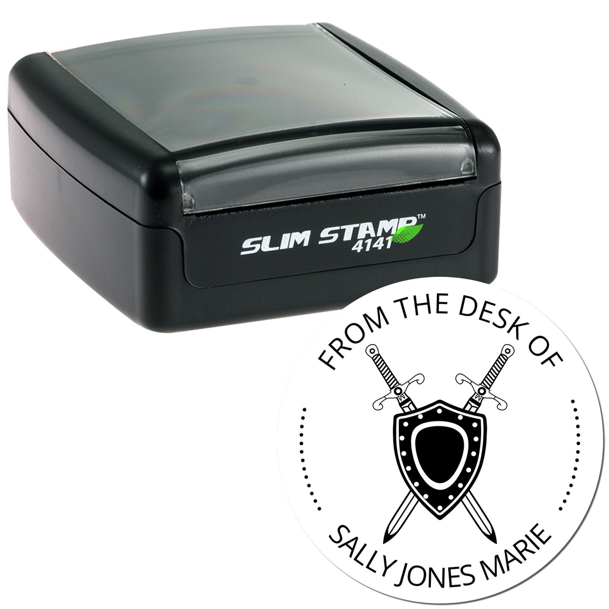 Black Slim Stamp 4141 self-inking stamp with circular seal, shield and crossed swords, for From the Desk of Sally Jones Marie