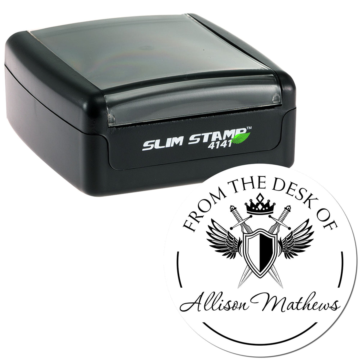 Black self-inking Slim Stamp 4141 with white desk seal, black crest, and Allison Mathews name