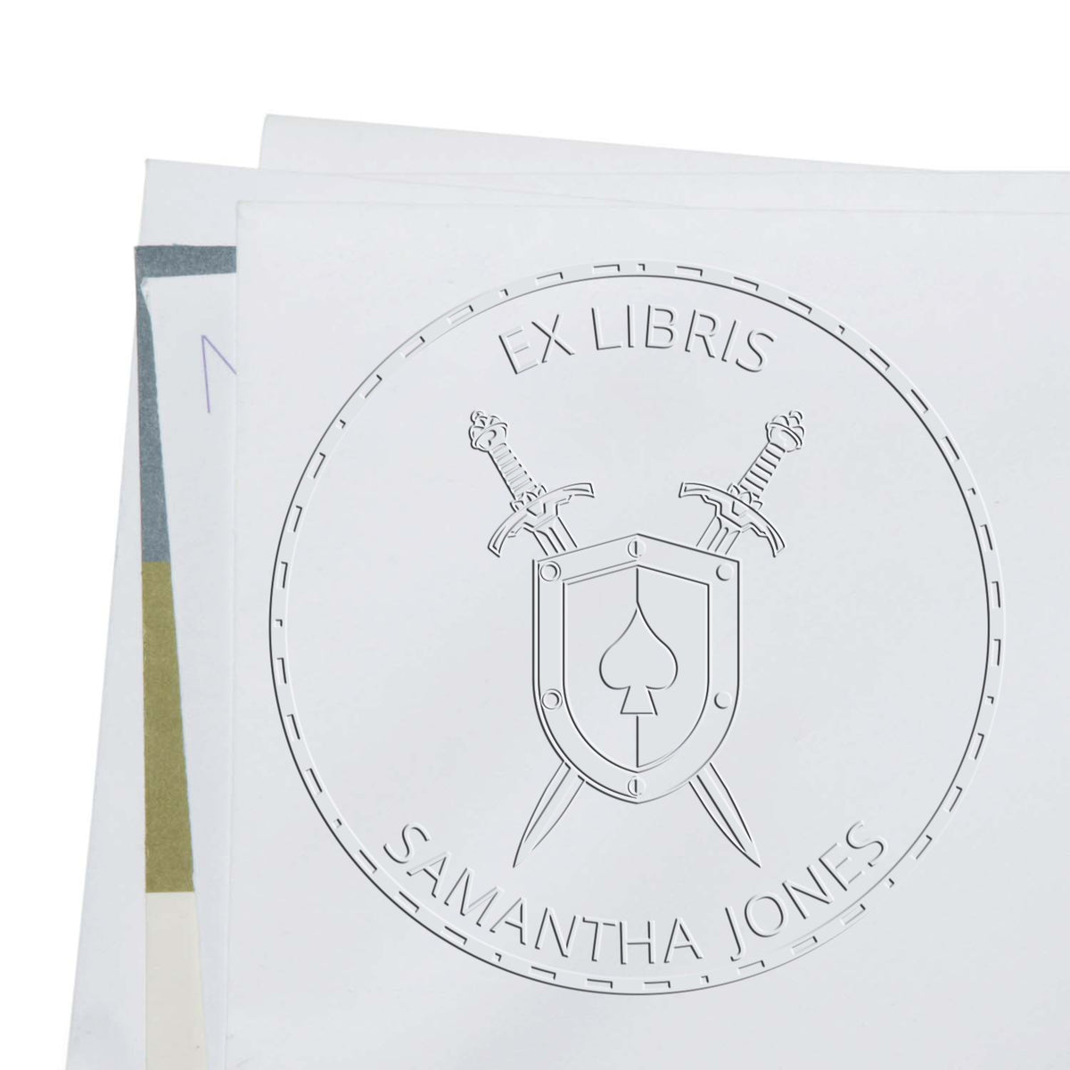 Trodat Sunfire Rapier Mythical Swords hybrid fantasy stamp in use, featuring detailed sword design and custom book seal.
