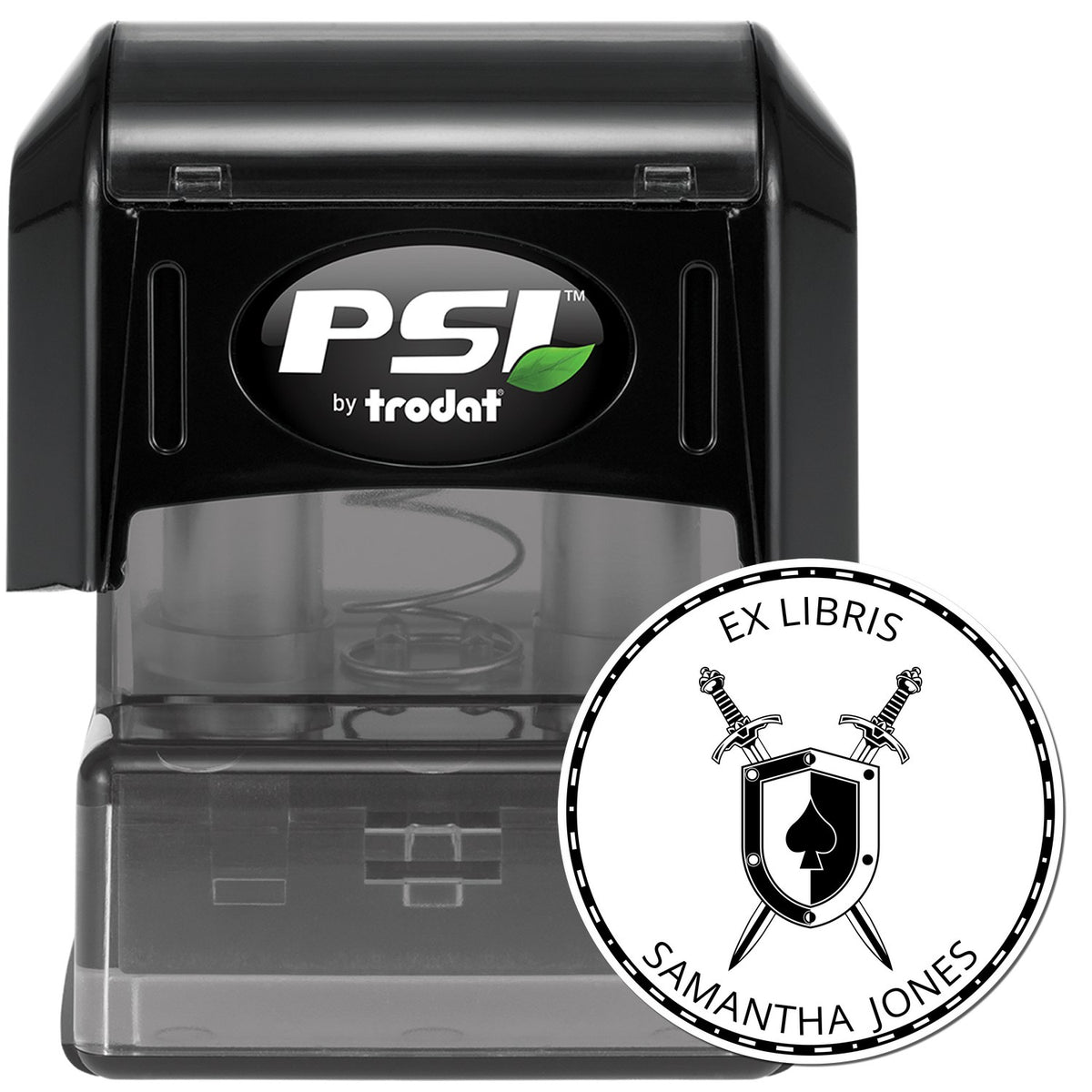 Black PSI by Trodat self-inking stamp with round ex libris seal, shield and crossed swords, Samantha Jones.
