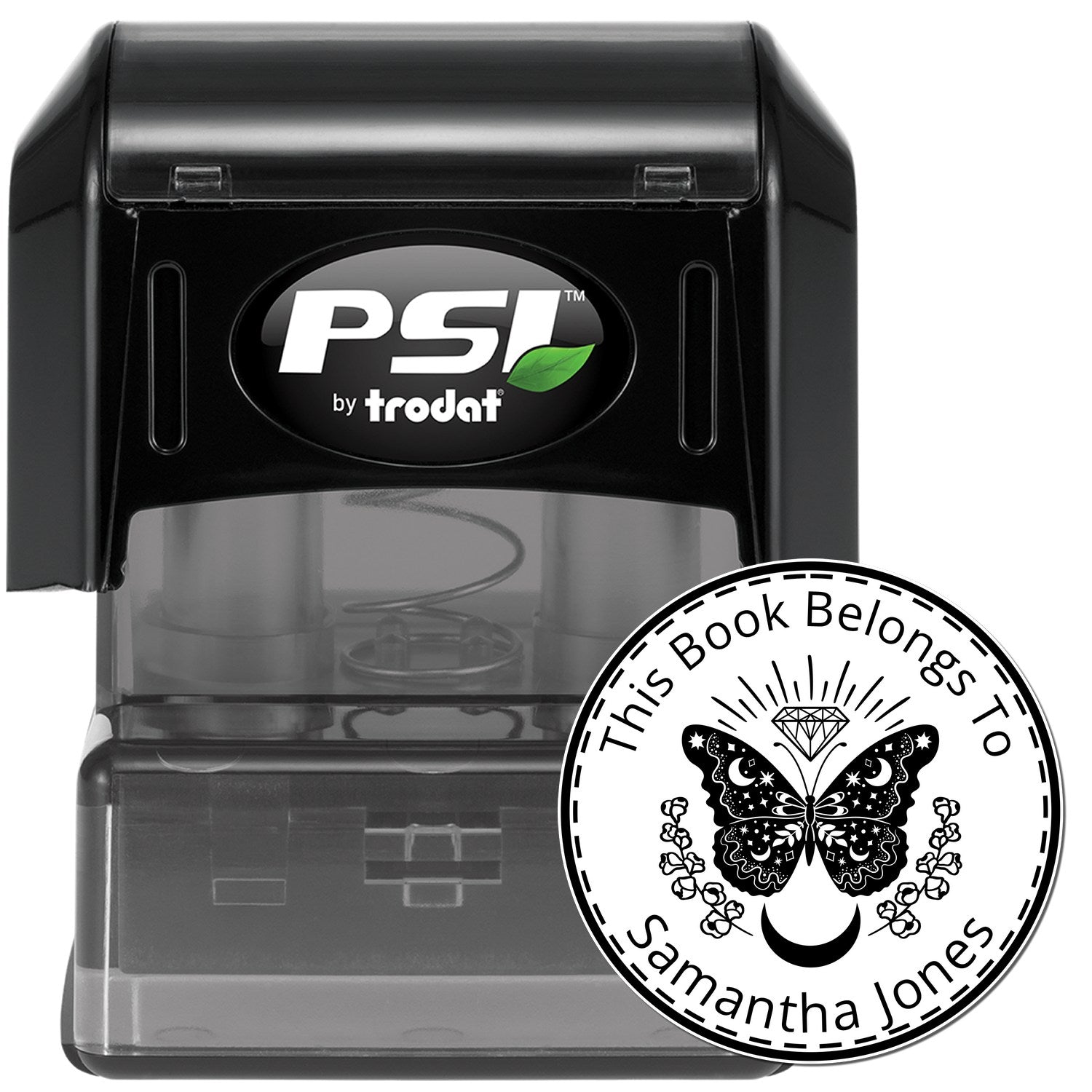 Black PSI by trodat self-inking stamp with clear base and circular butterfly bookplate seal for Samantha Jones