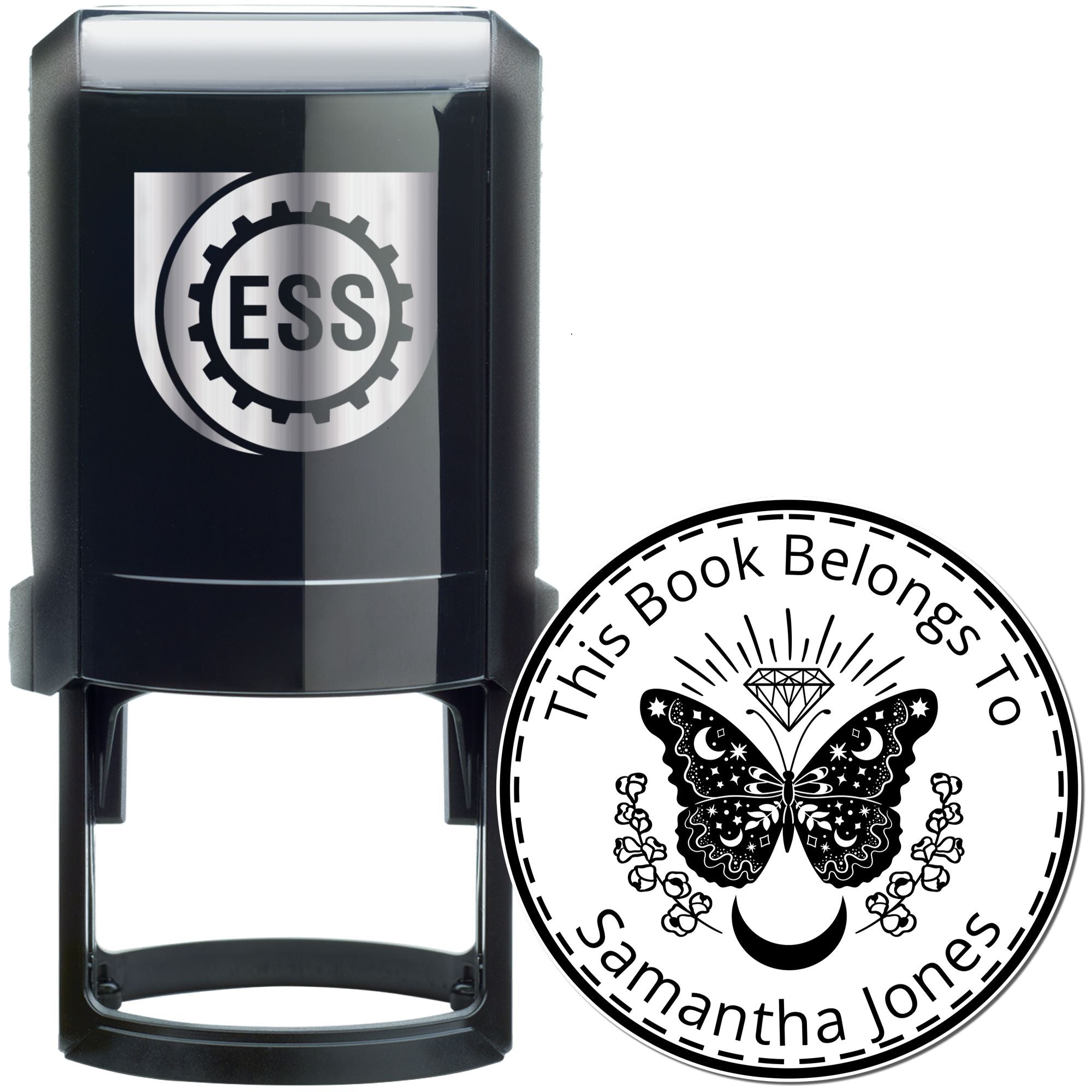 Black self-inking stamp and round book seal in black and white, with butterfly, diamond, crescent moon, and ESS logo.