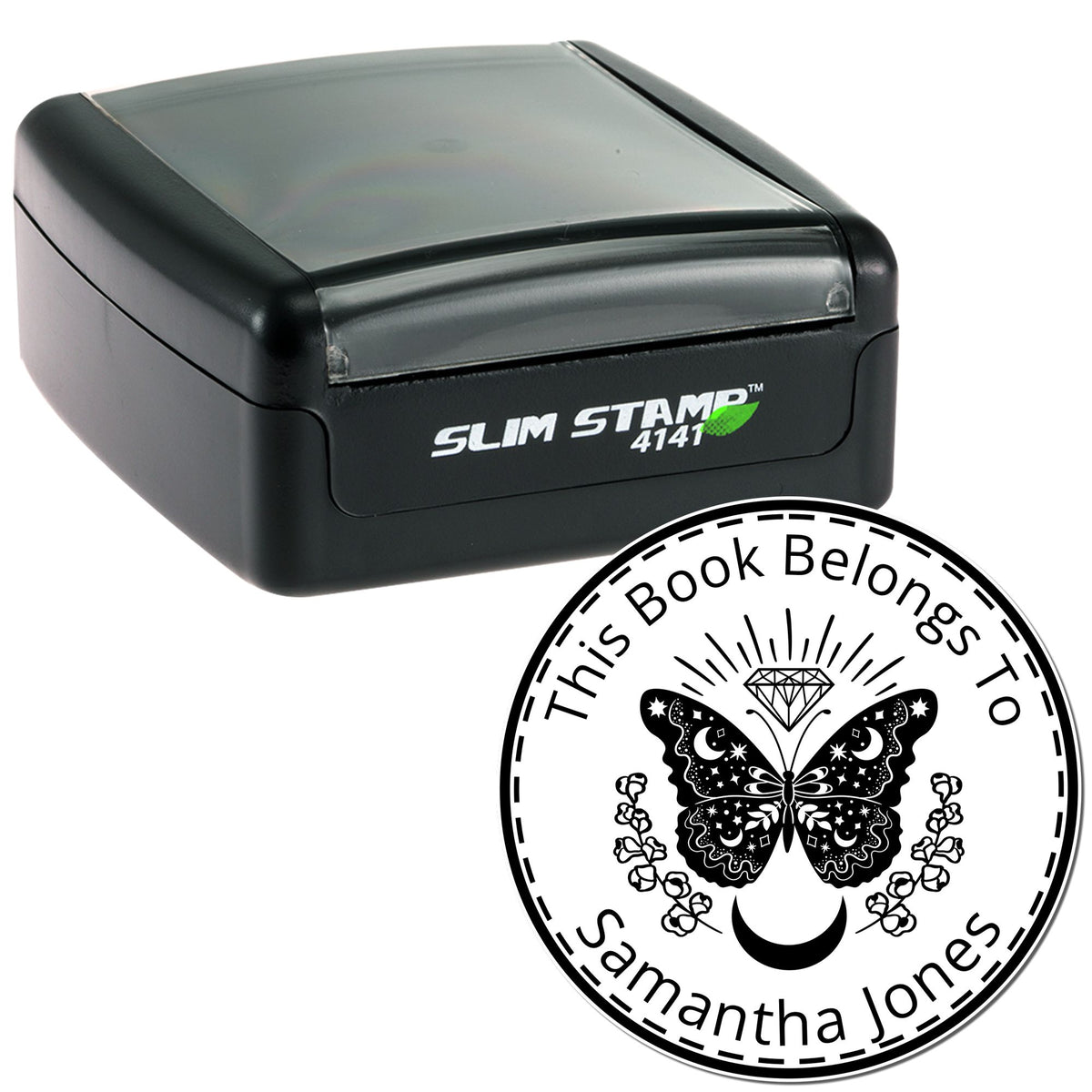Black Slim Stamp 4141 and round black-and-white book seal with butterfly design and "This Book Belongs To Samantha Jones" text.