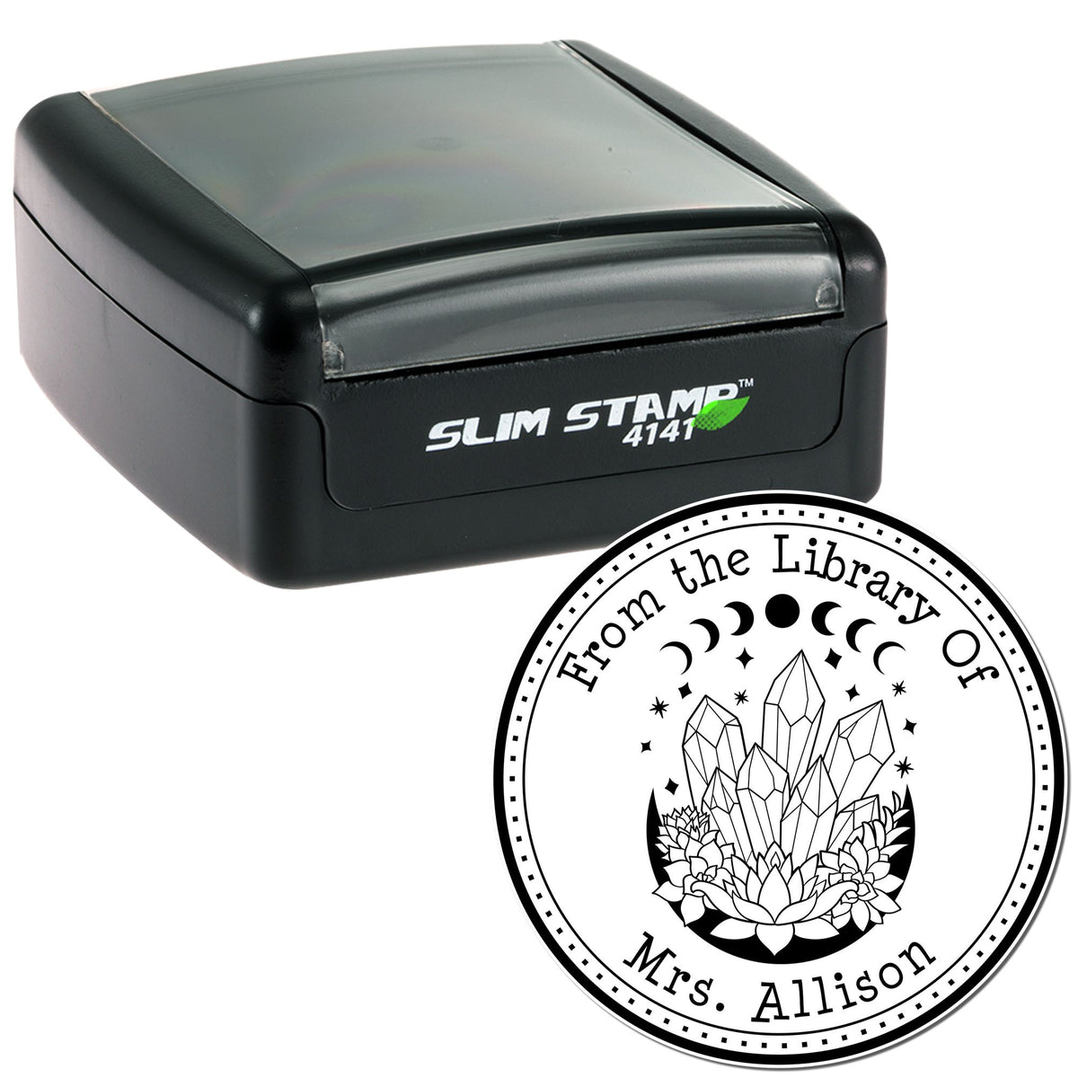 Black Slim Stamp 4141 with circular custom library seal, featuring crystals and succulents on a white background.