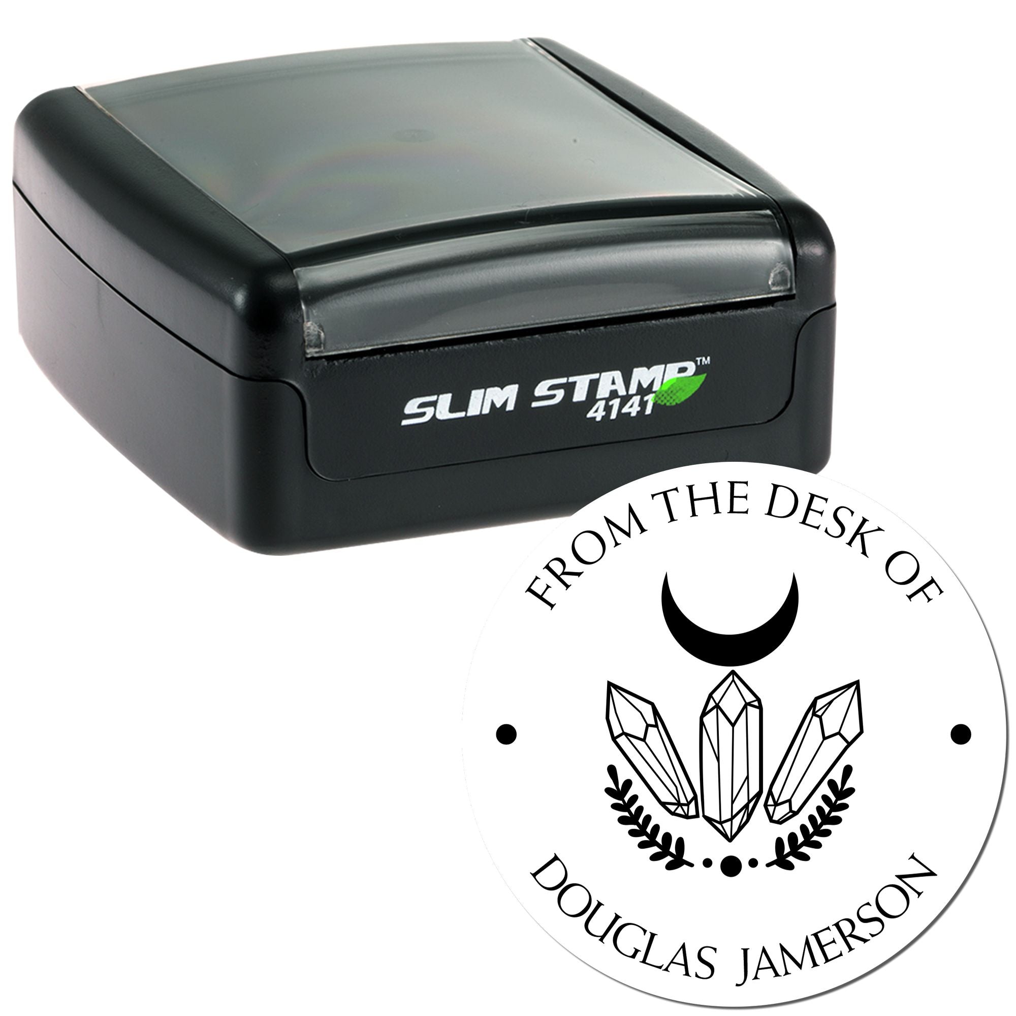 Black Slim Stamp 4141 self-inking stamp with custom white round seal featuring black text and crystal design.
