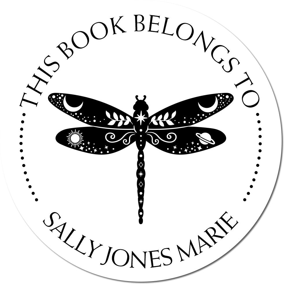 Black-and-white book stamp seal with dragonfly, moon and stars, reading This Book Belongs to Sally Jones Marie