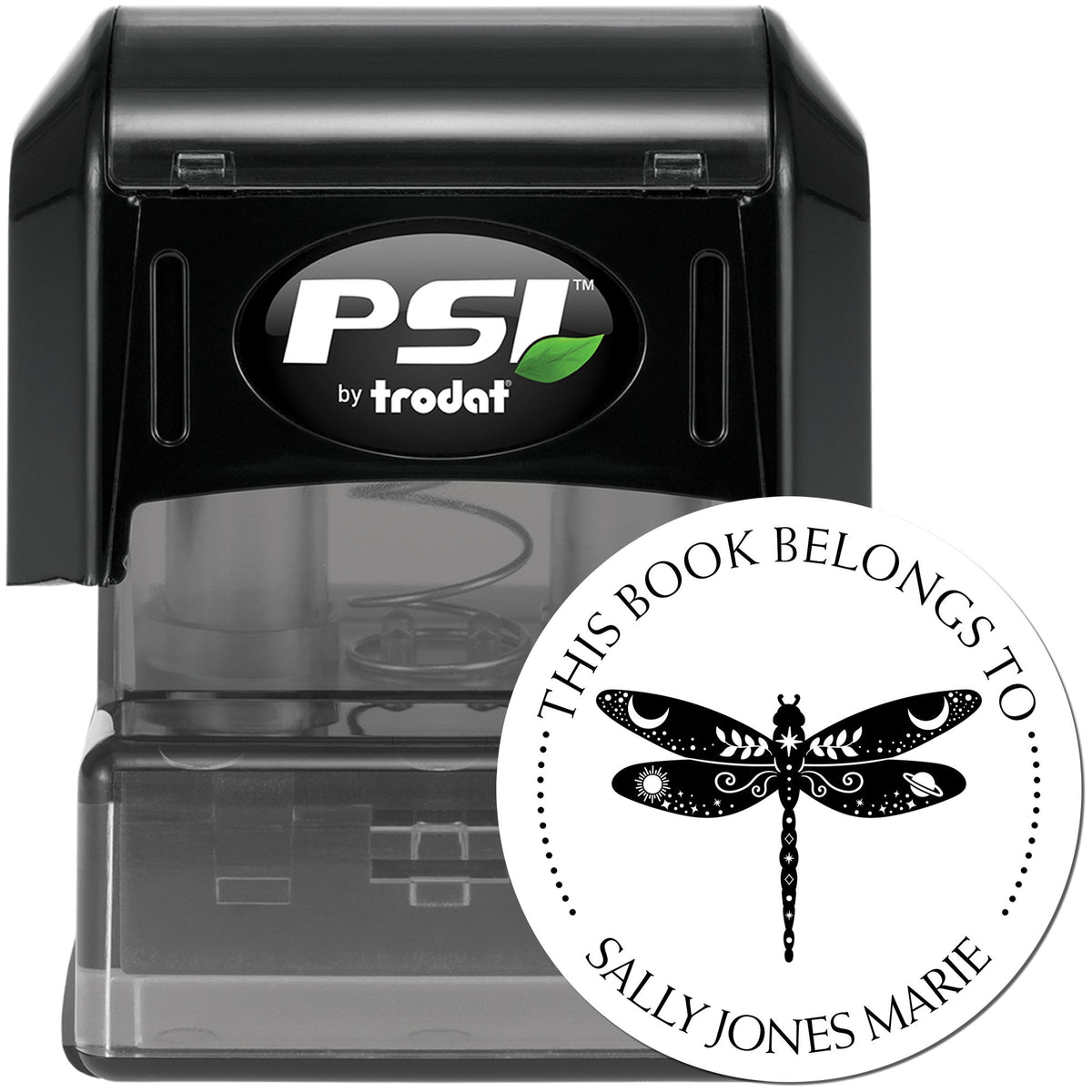Black PSI self-inking stamp with gray casing and white bookplate seal featuring a dragonfly and This Book Belongs To text.