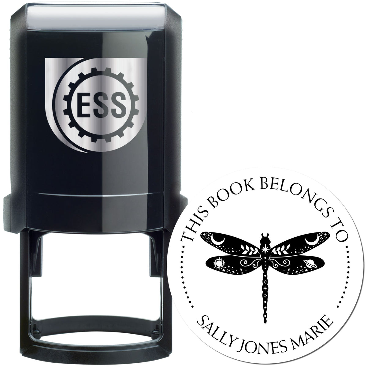 Black self-inking stamp with ESS logo and white circular book seal featuring a dragonfly and custom name.