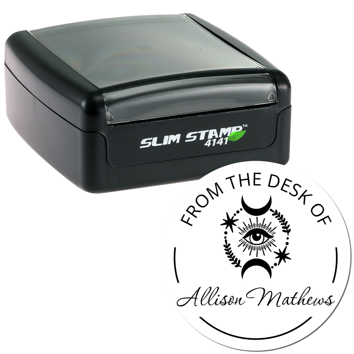 Black Slim Stamp 4141 self-inking stamp with round custom seal for Allison Mathews, moon and eye design