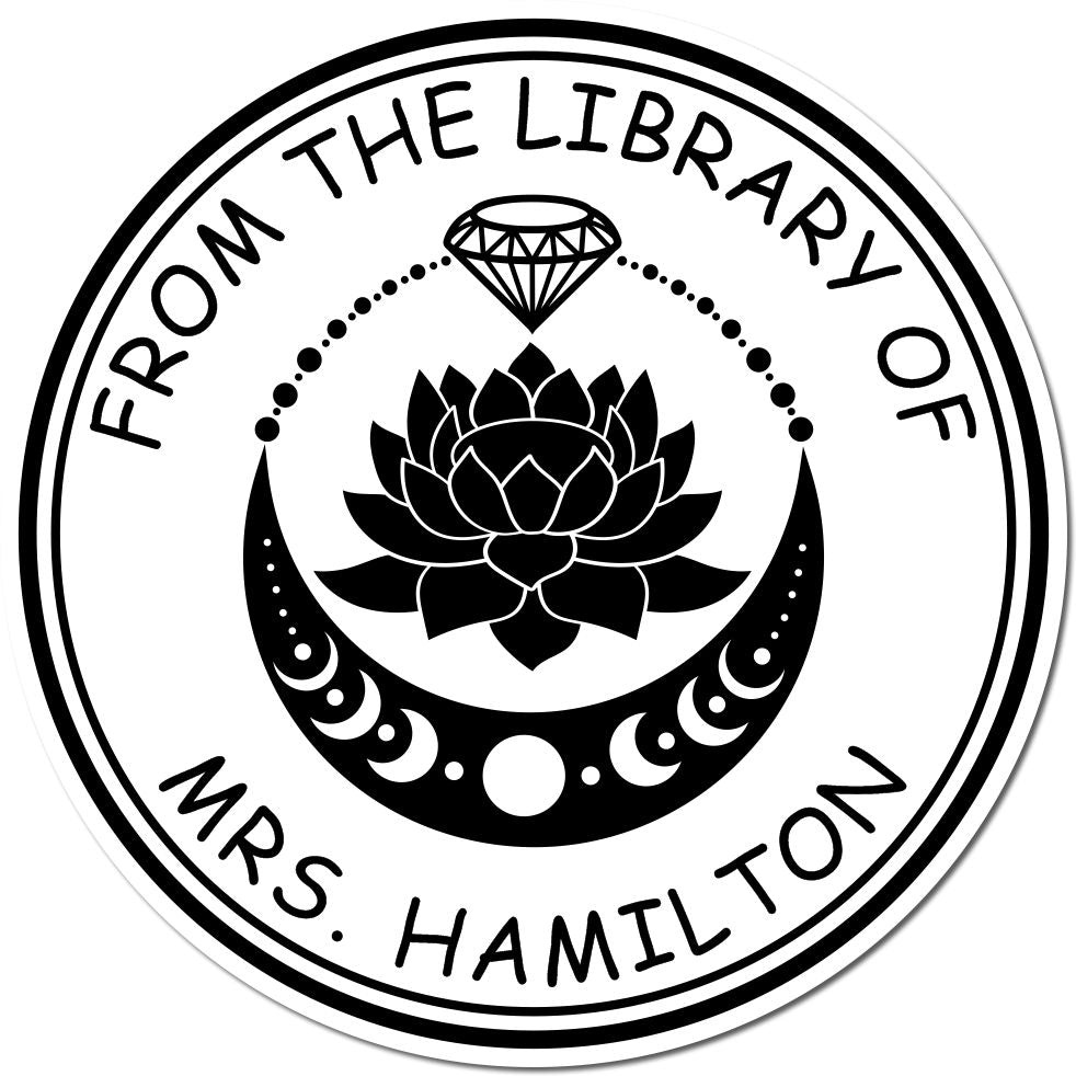 Black circular library stamp seal with lotus, crescent moon, diamond, and text From the Library of Mrs. Hamilton