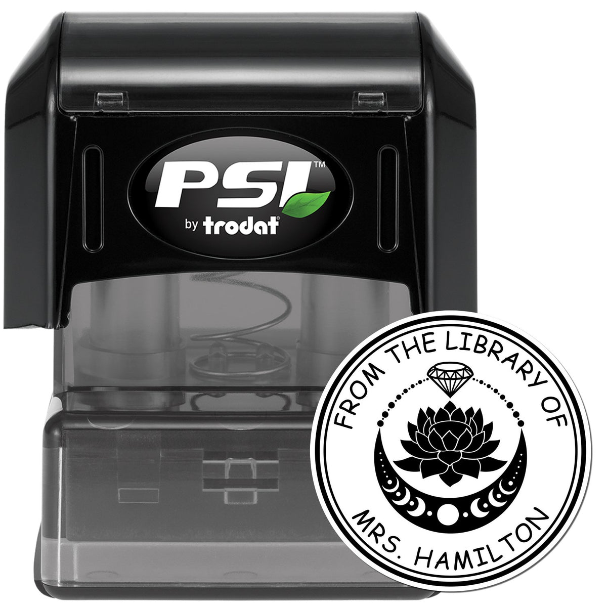Black PSI by Trodat self-inking stamp with clear base and round black-and-white seal reading From the Library of Mrs. Hamilton