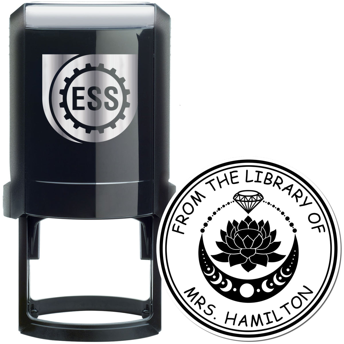 Black self-inking stamp and round library seal with ESS logo, lotus and diamond, reading From the Library of Mrs. Hamilton.