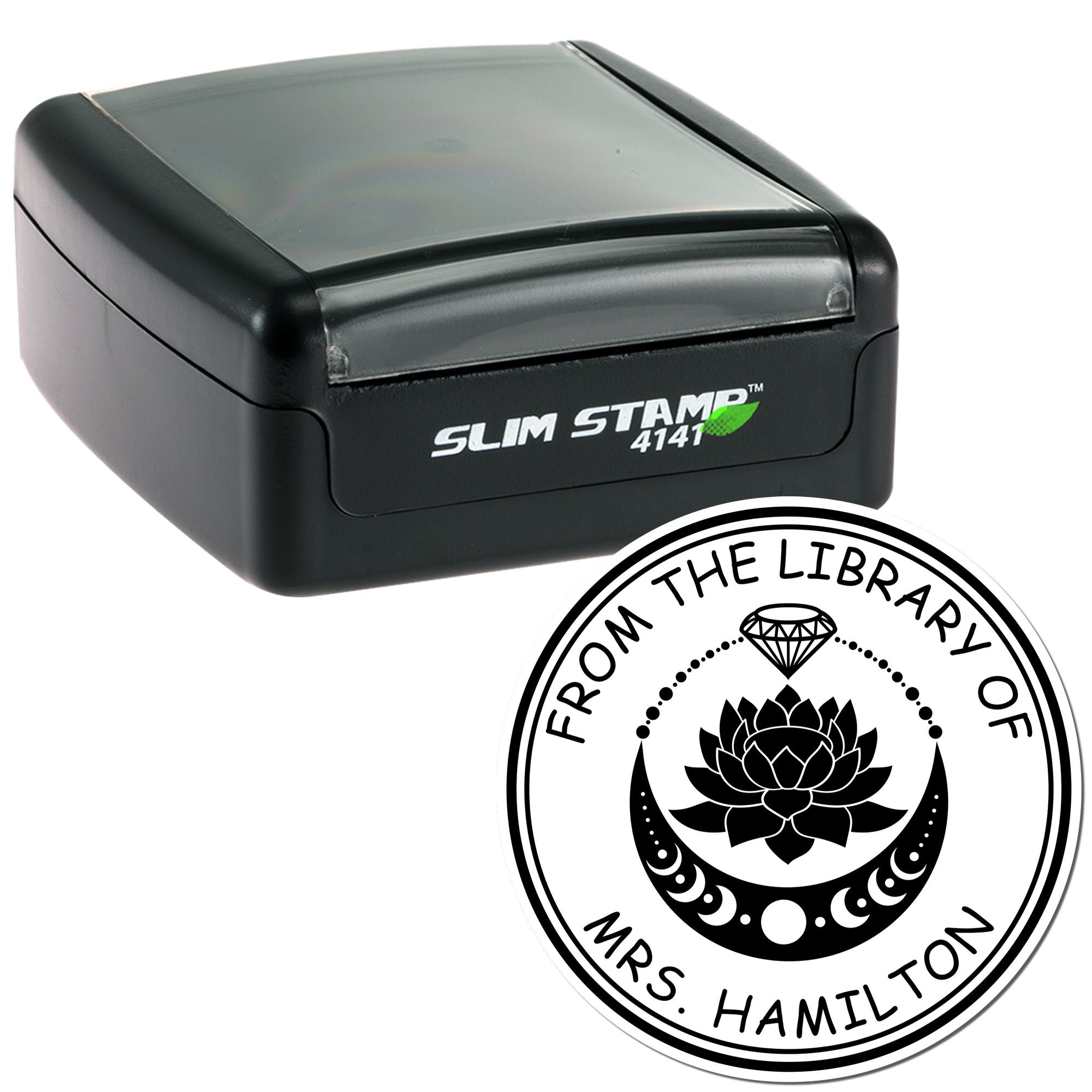 Black Slim Stamp 4141 self-inking stamp with circular library seal, lotus and diamond design, From the Library of Mrs. Hamilton text.
