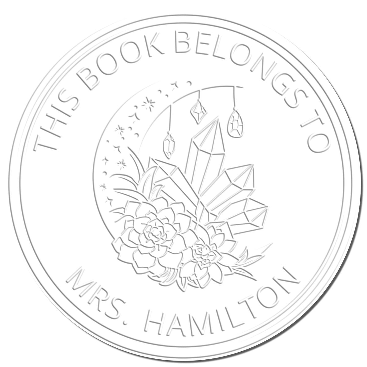 Customizable astrological stamp with mystical hand design from ESS, used for embossing books and documents.