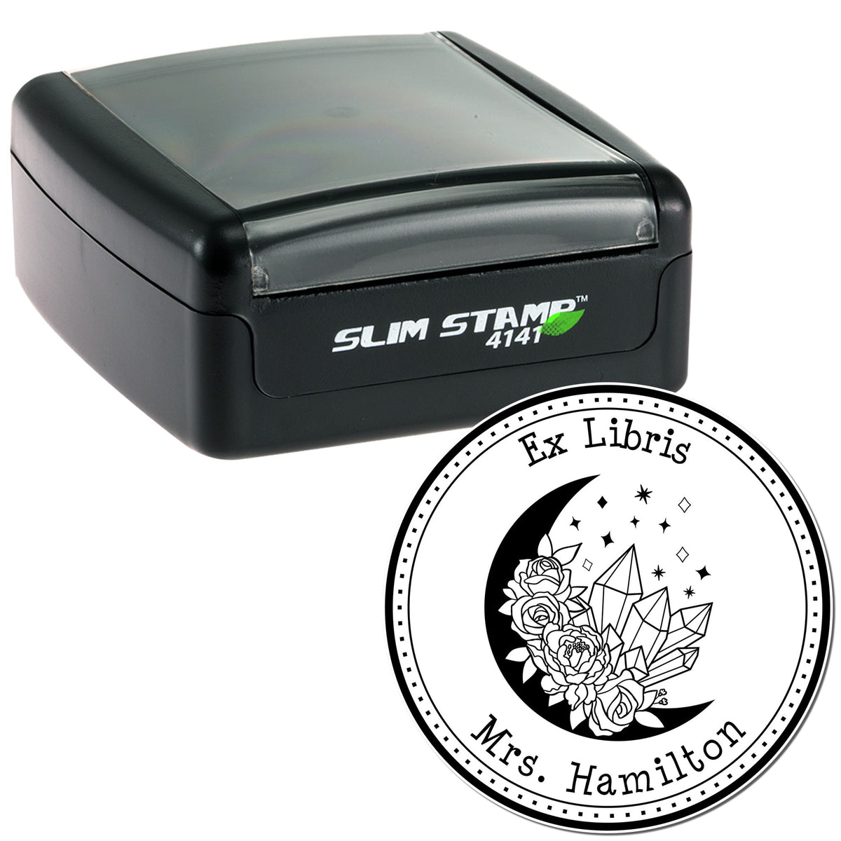 Black Slim Stamp 4141 and round ex libris seal with moon, flowers, and crystals on a white background.